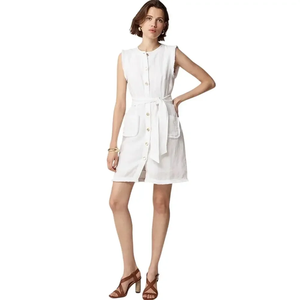 J.Crew Shirtdress WMNS XS White Raw Hem Button Front Linen Coastal Quiet Luxury